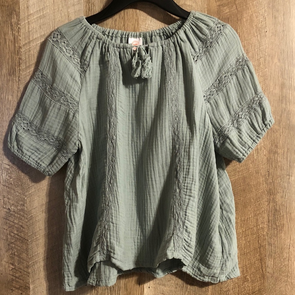 wonder nation Sage Green Peasant Blouse with Tassel Tie